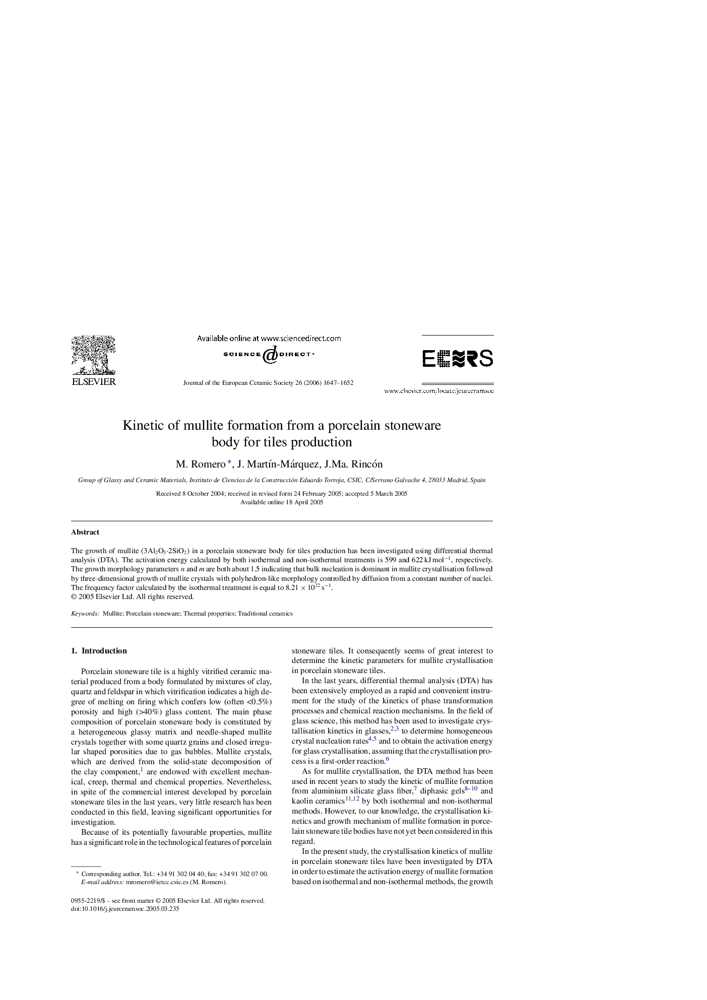 Kinetic of mullite formation from a porcelain stoneware body for tiles production