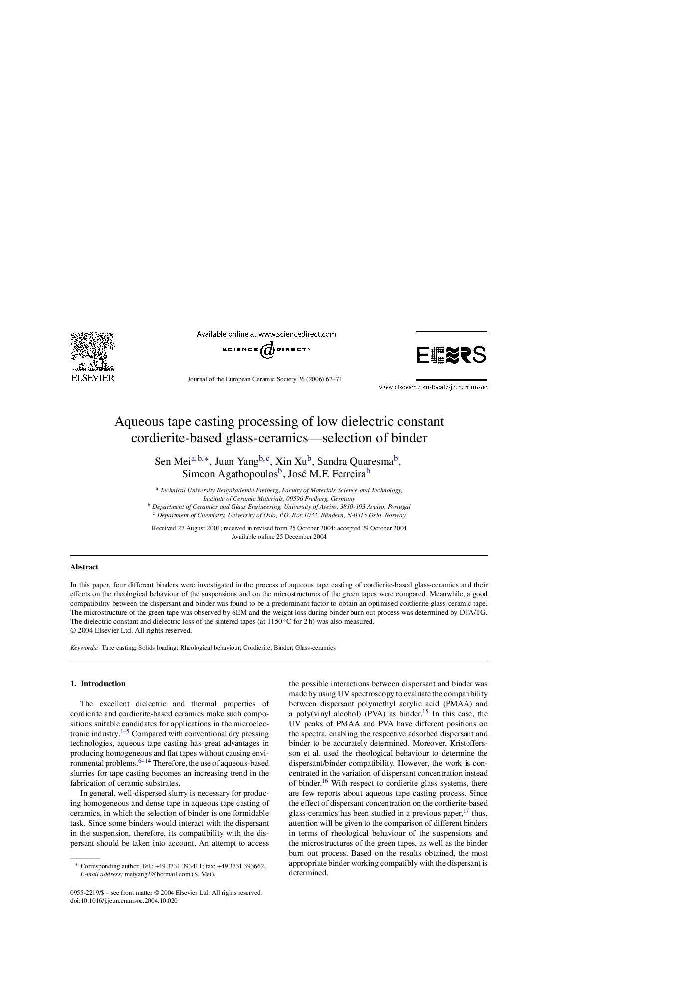 Aqueous tape casting processing of low dielectric constant cordierite-based glass-ceramics-selection of binder