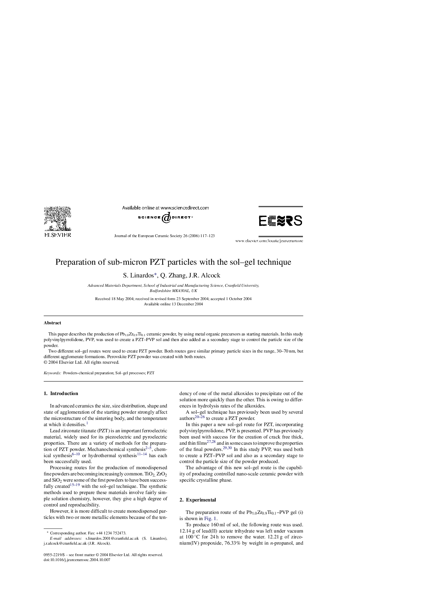 Preparation of sub-micron PZT particles with the sol–gel technique