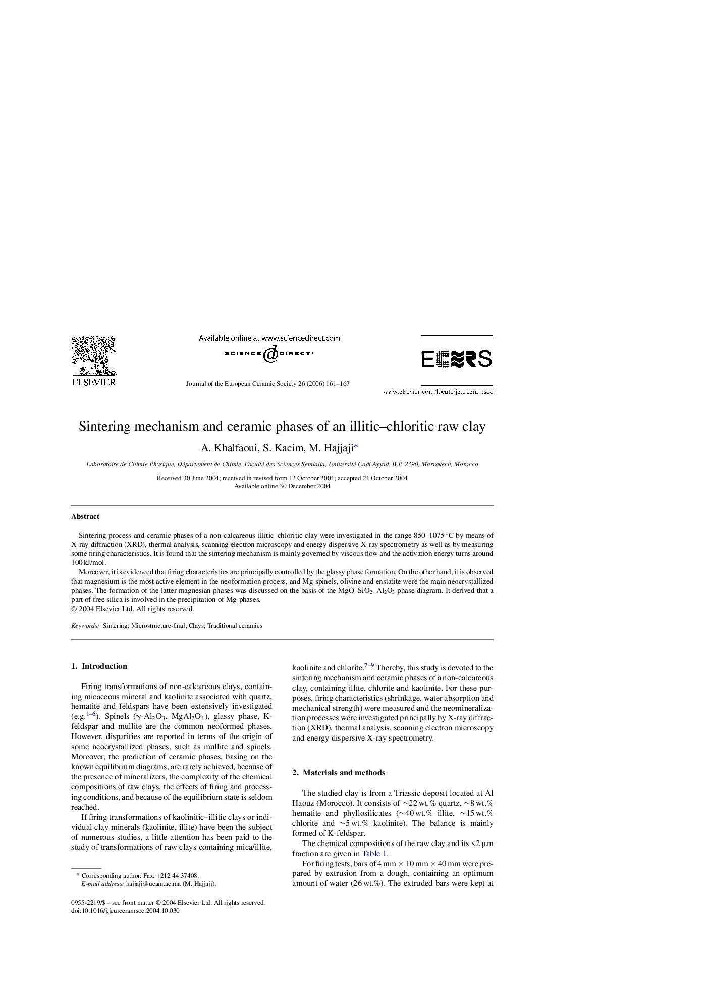 Sintering mechanism and ceramic phases of an illitic–chloritic raw clay