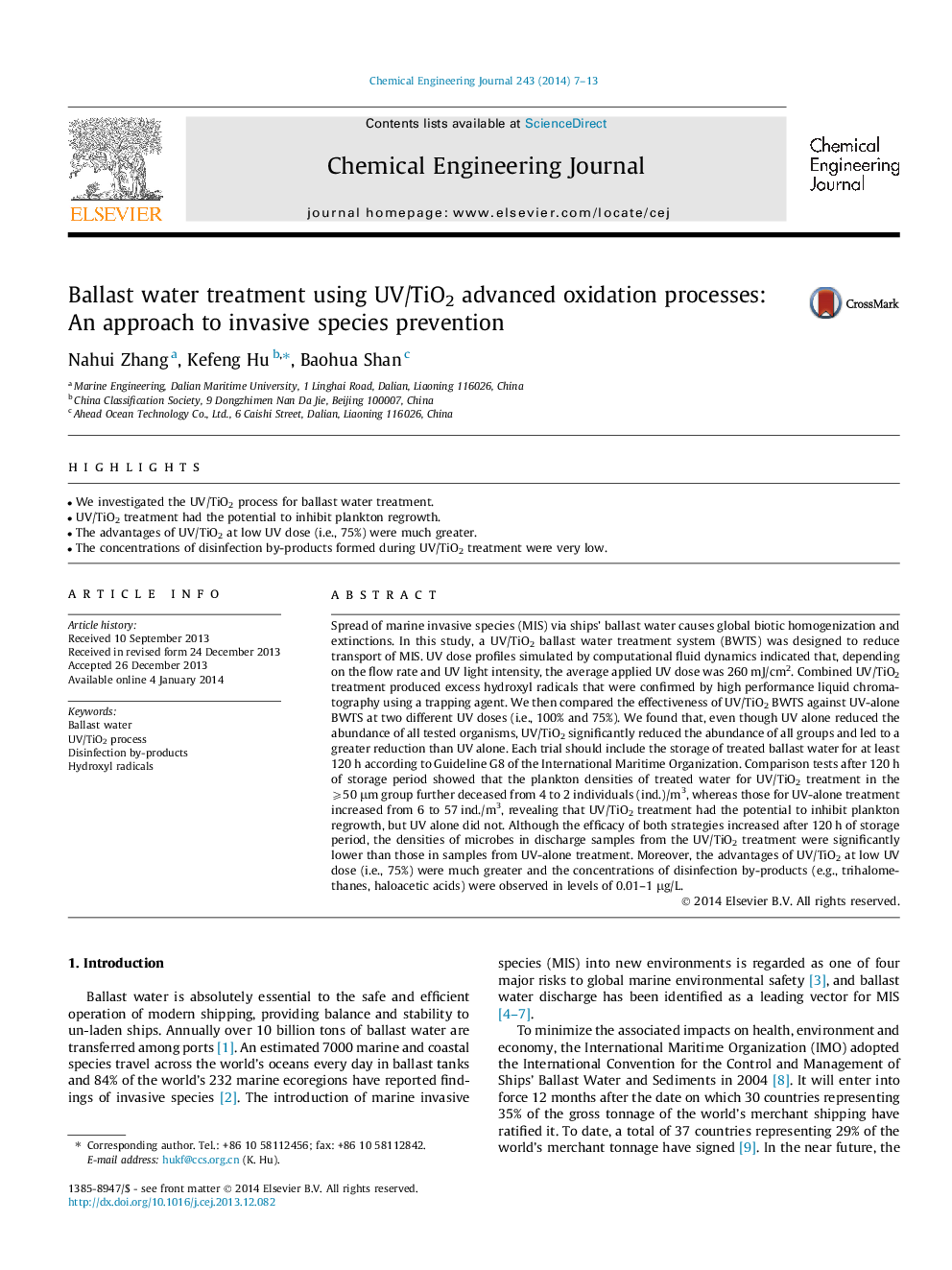 Ballast water treatment using UV/TiO2 advanced oxidation processes: An approach to invasive species prevention