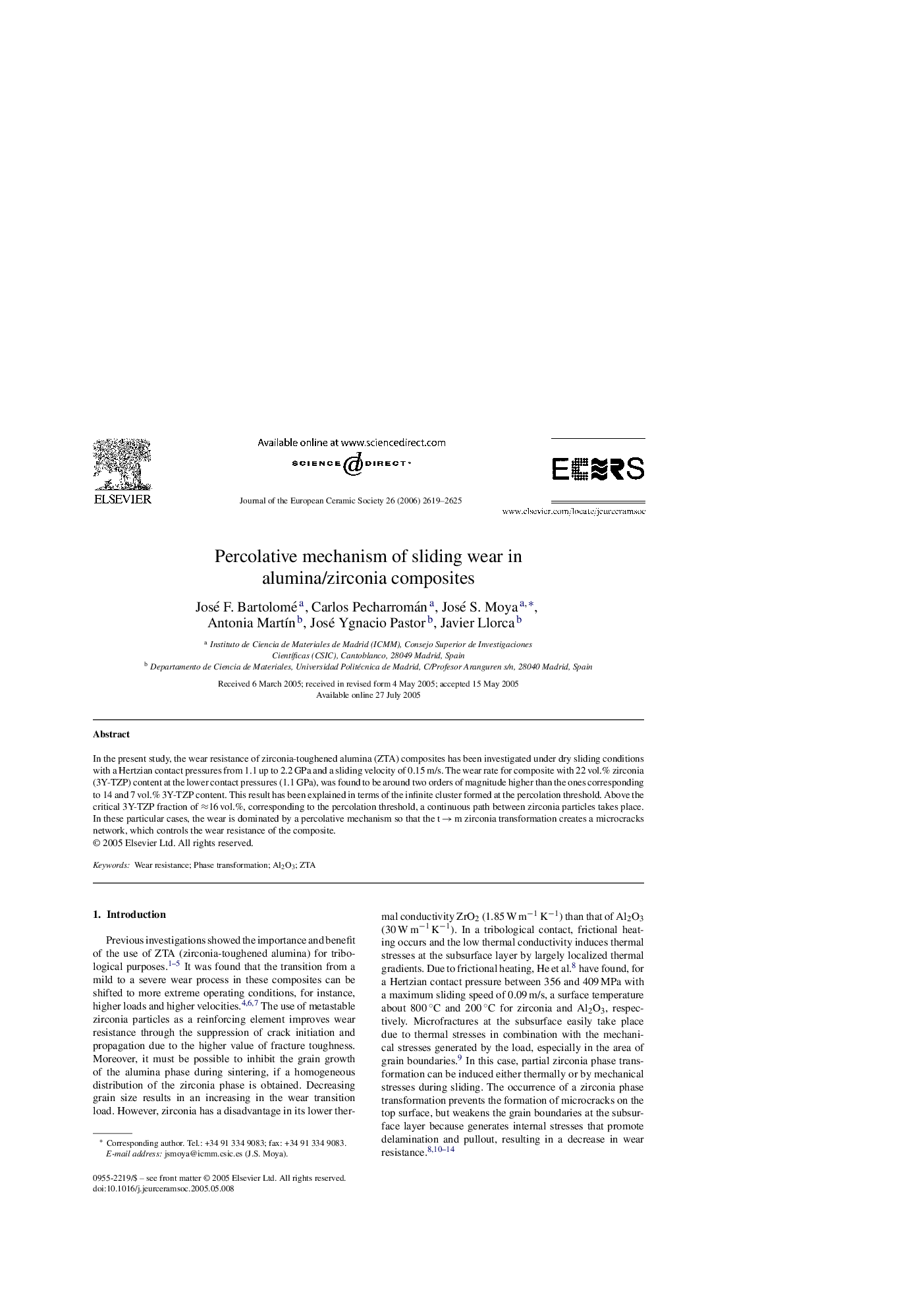 Percolative mechanism of sliding wear in alumina/zirconia composites