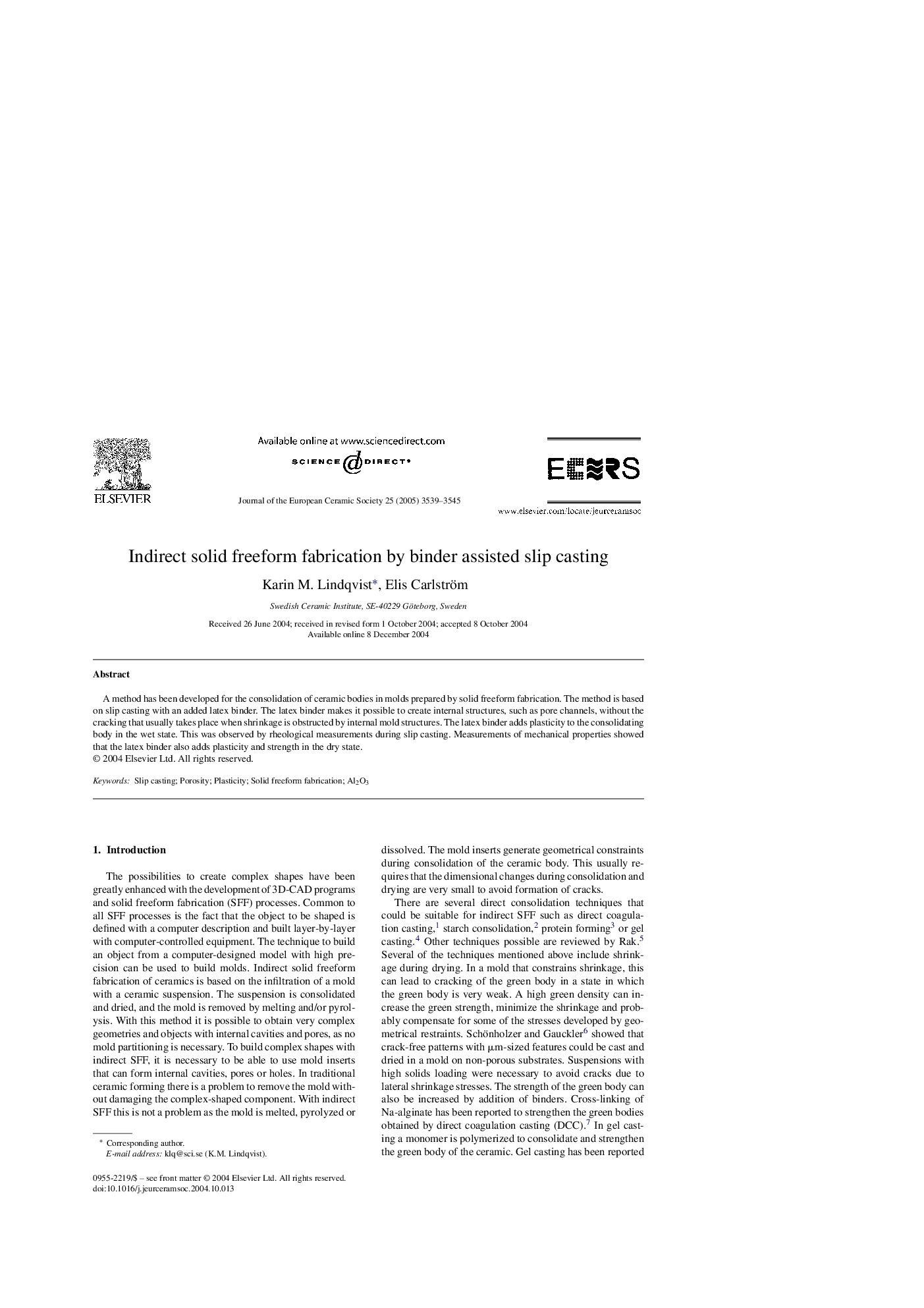 Indirect solid freeform fabrication by binder assisted slip casting