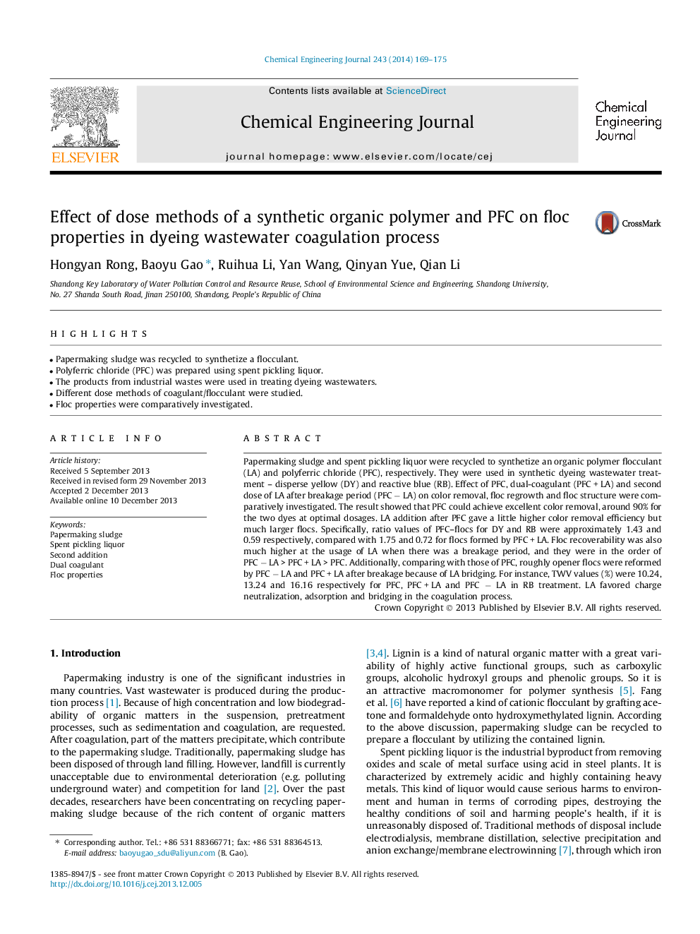 Effect of dose methods of a synthetic organic polymer and PFC on floc properties in dyeing wastewater coagulation process