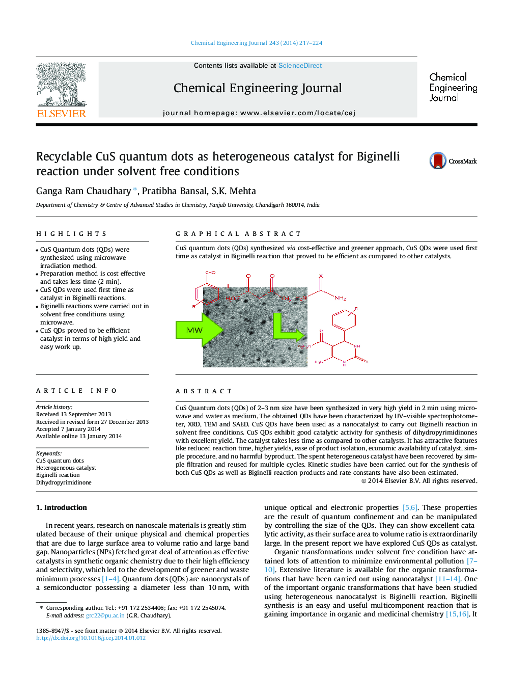 Recyclable CuS quantum dots as heterogeneous catalyst for Biginelli reaction under solvent free conditions