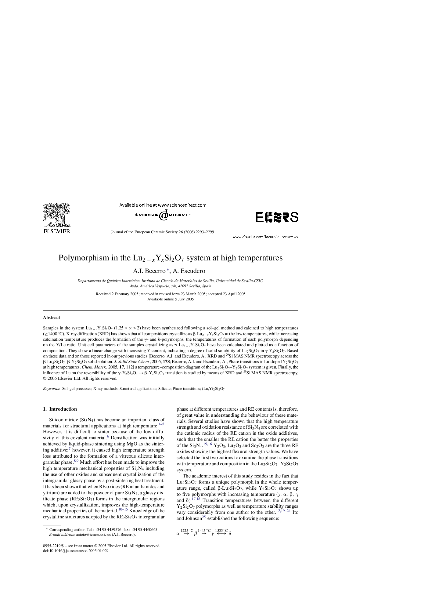 Polymorphism in the Lu2Â âÂ xYxSi2O7 system at high temperatures