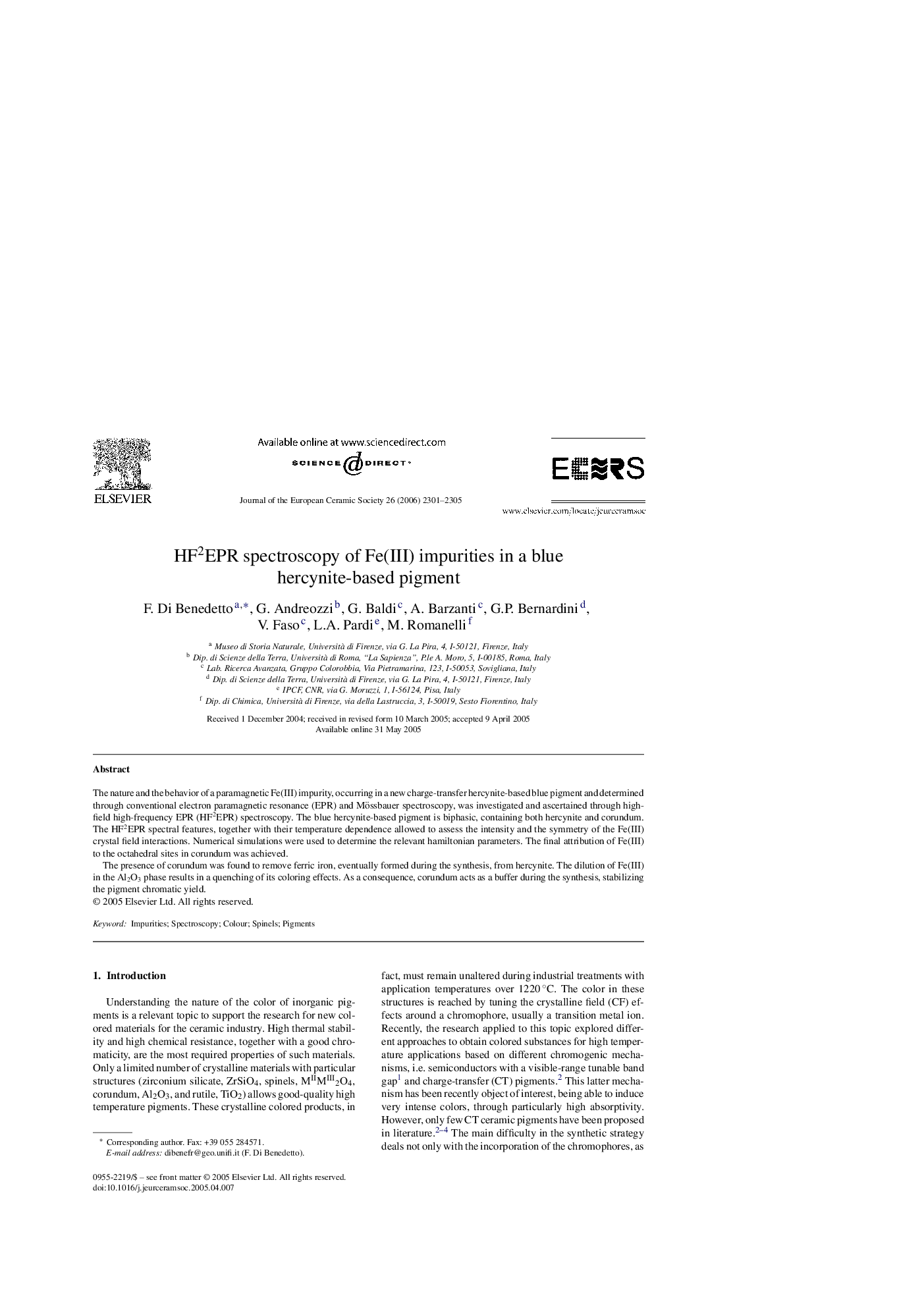 HF2EPR spectroscopy of Fe(III) impurities in a blue hercynite-based pigment