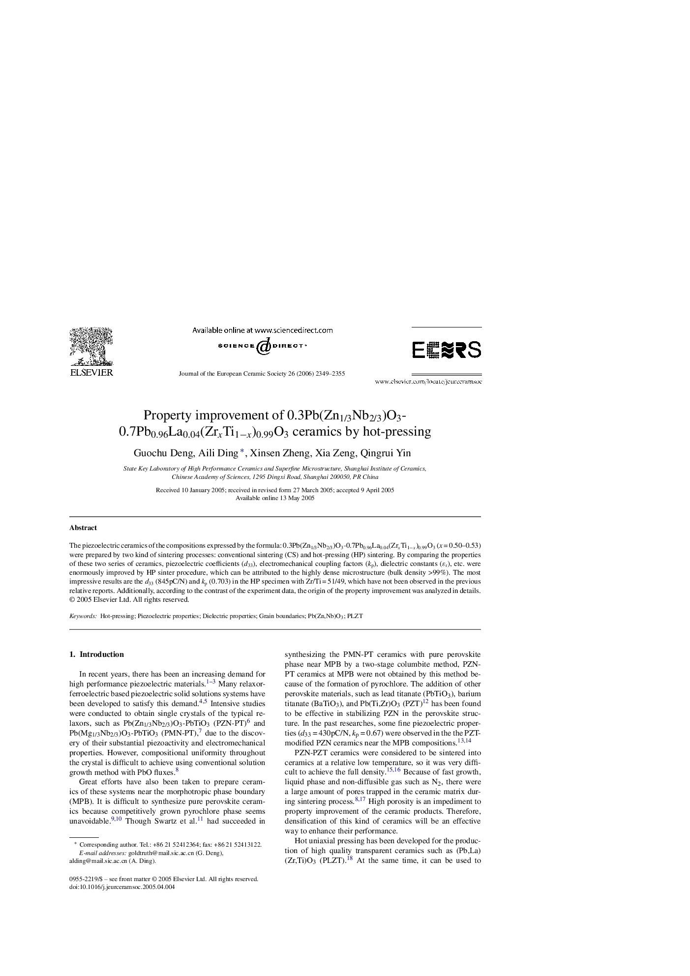 Property improvement of 0.3Pb(Zn1/3Nb2/3)O3-0.7Pb0.96La0.04(ZrxTi1−x)0.99O3 ceramics by hot-pressing