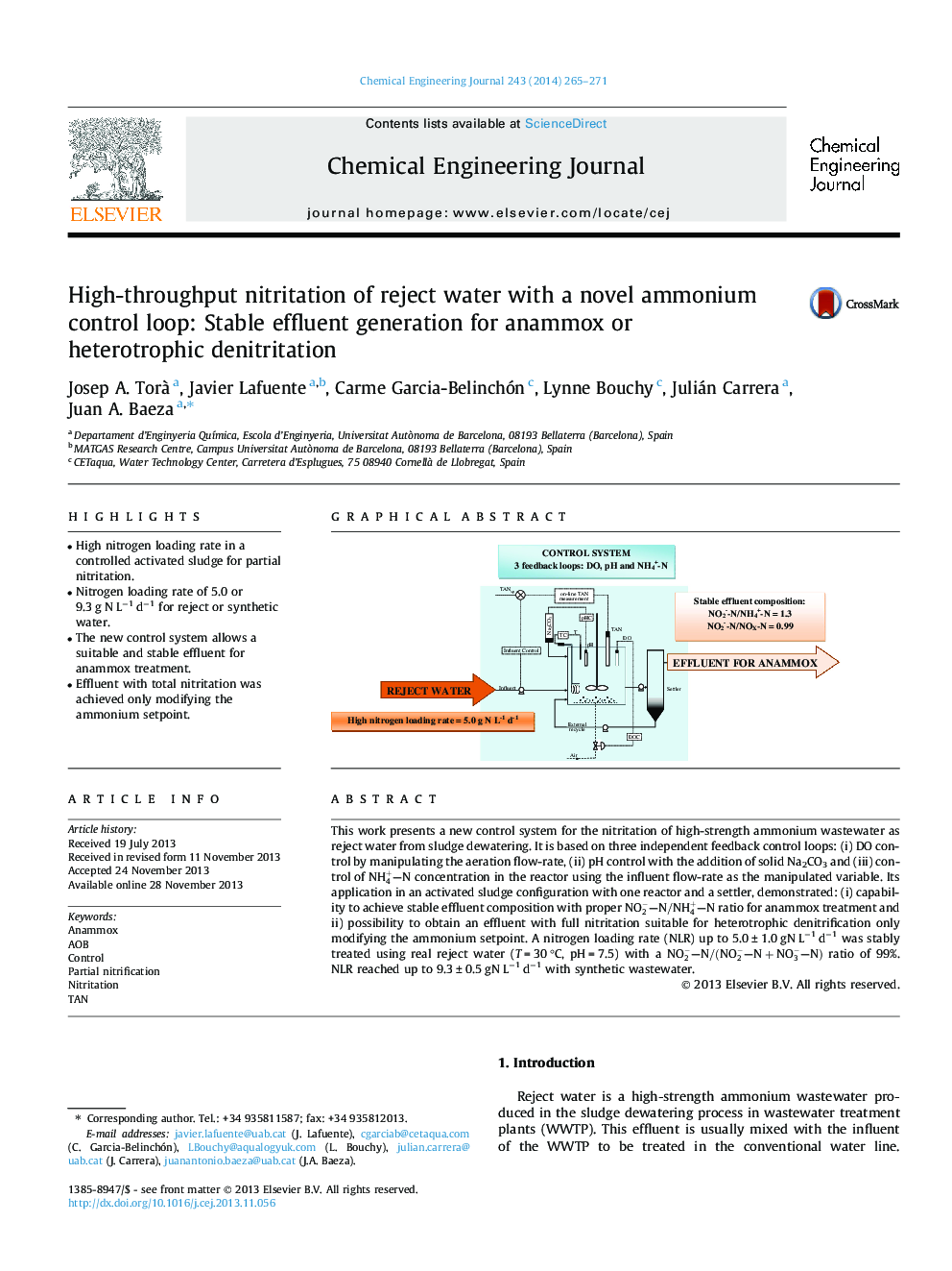 High-throughput nitritation of reject water with a novel ammonium control loop: Stable effluent generation for anammox or heterotrophic denitritation