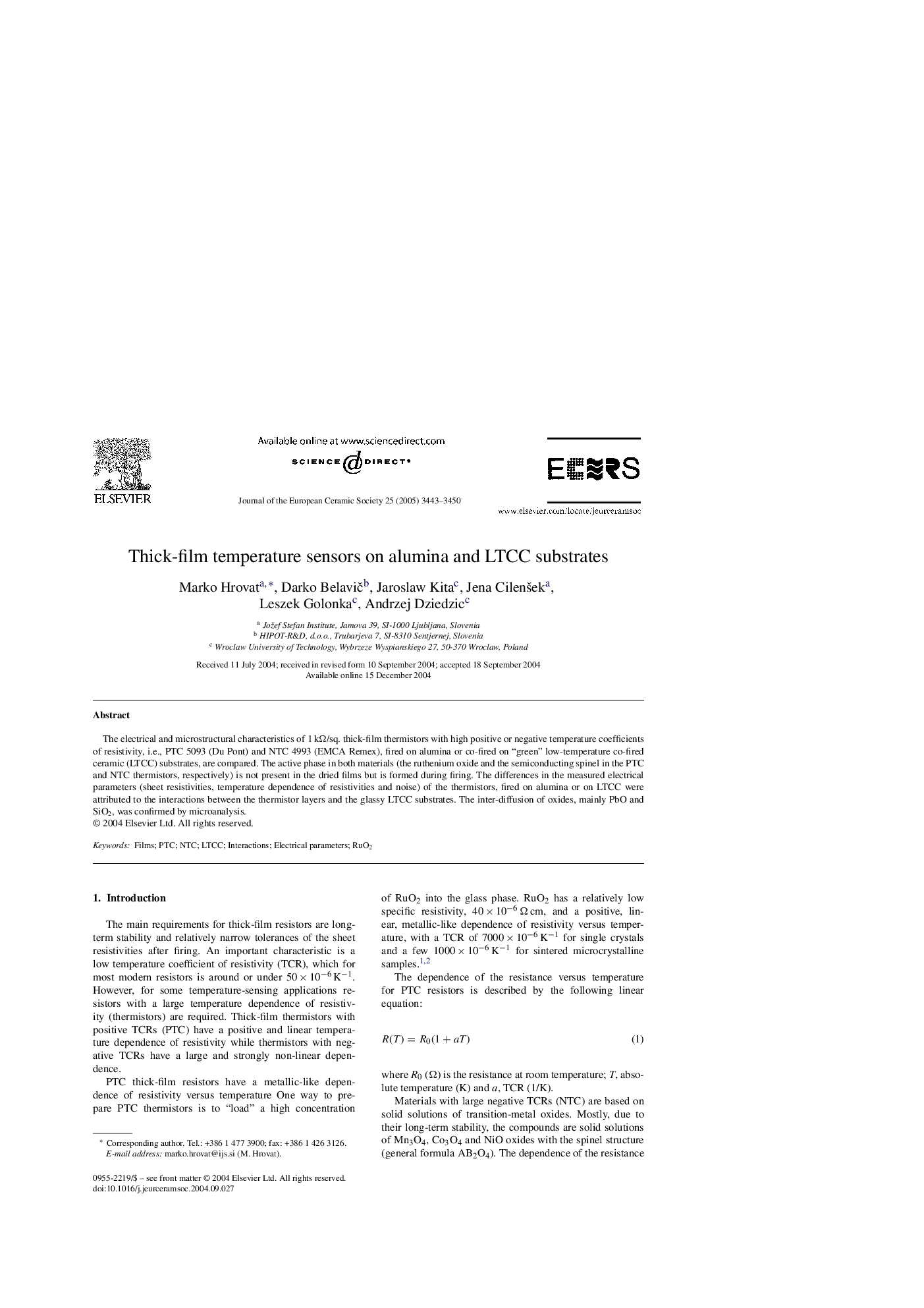 عکس صفحه اول مقاله: Thick-film temperature sensors on alumina and LTCC substrates Thick-film temperature sensors on alumina and LTCC substrates