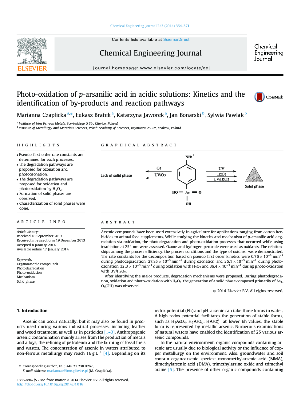 Photo-oxidation of p-arsanilic acid in acidic solutions: Kinetics and the identification of by-products and reaction pathways