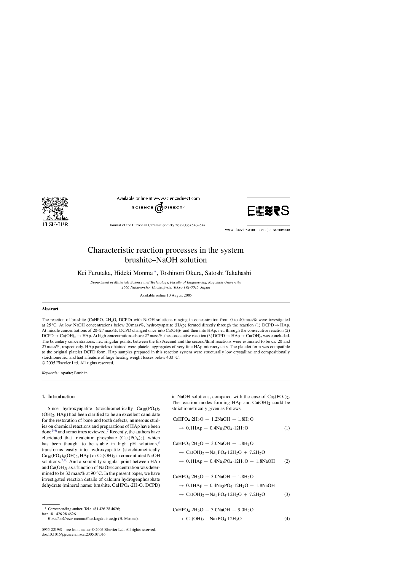 Characteristic reaction processes in the system brushite–NaOH solution