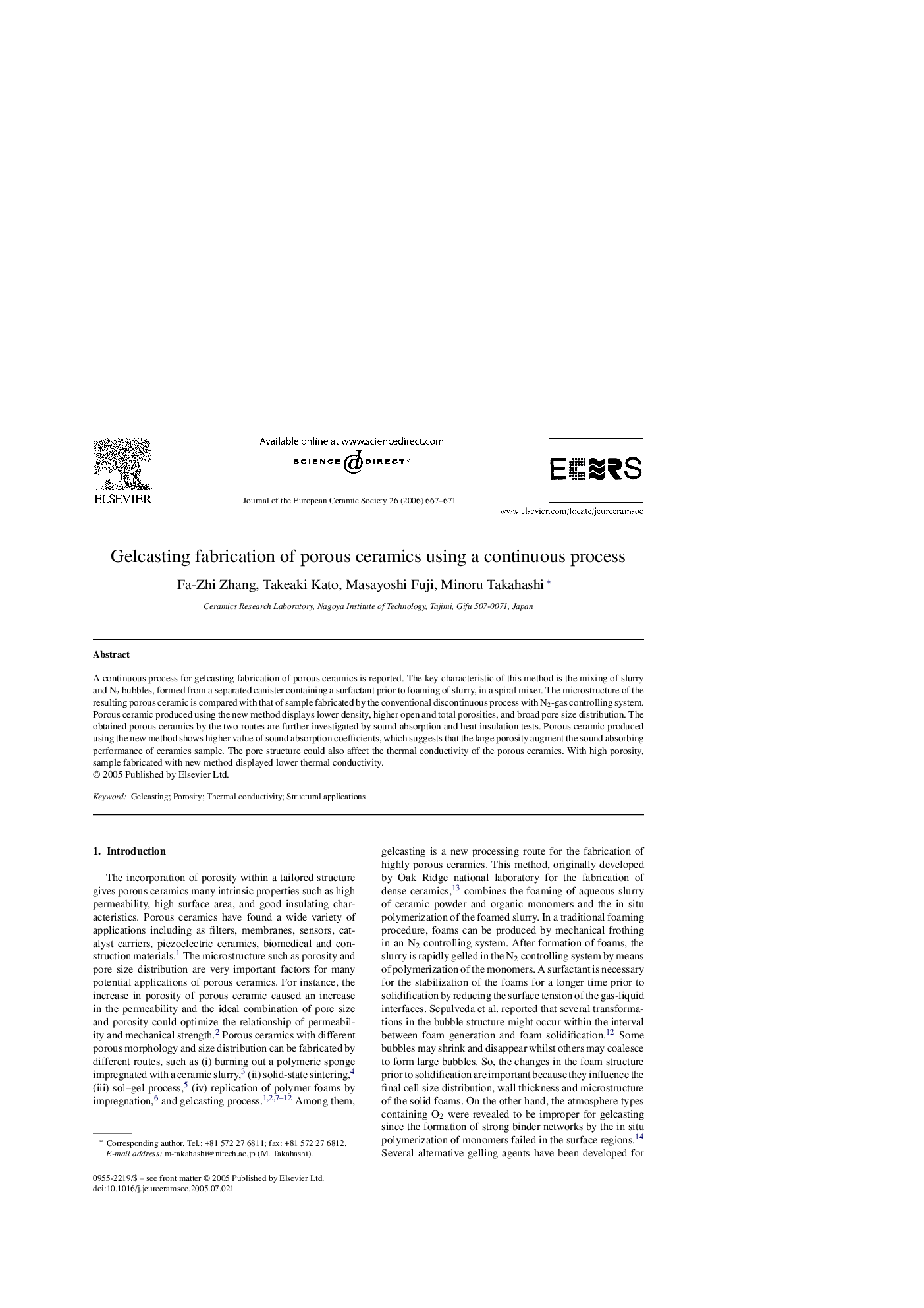 Gelcasting fabrication of porous ceramics using a continuous process