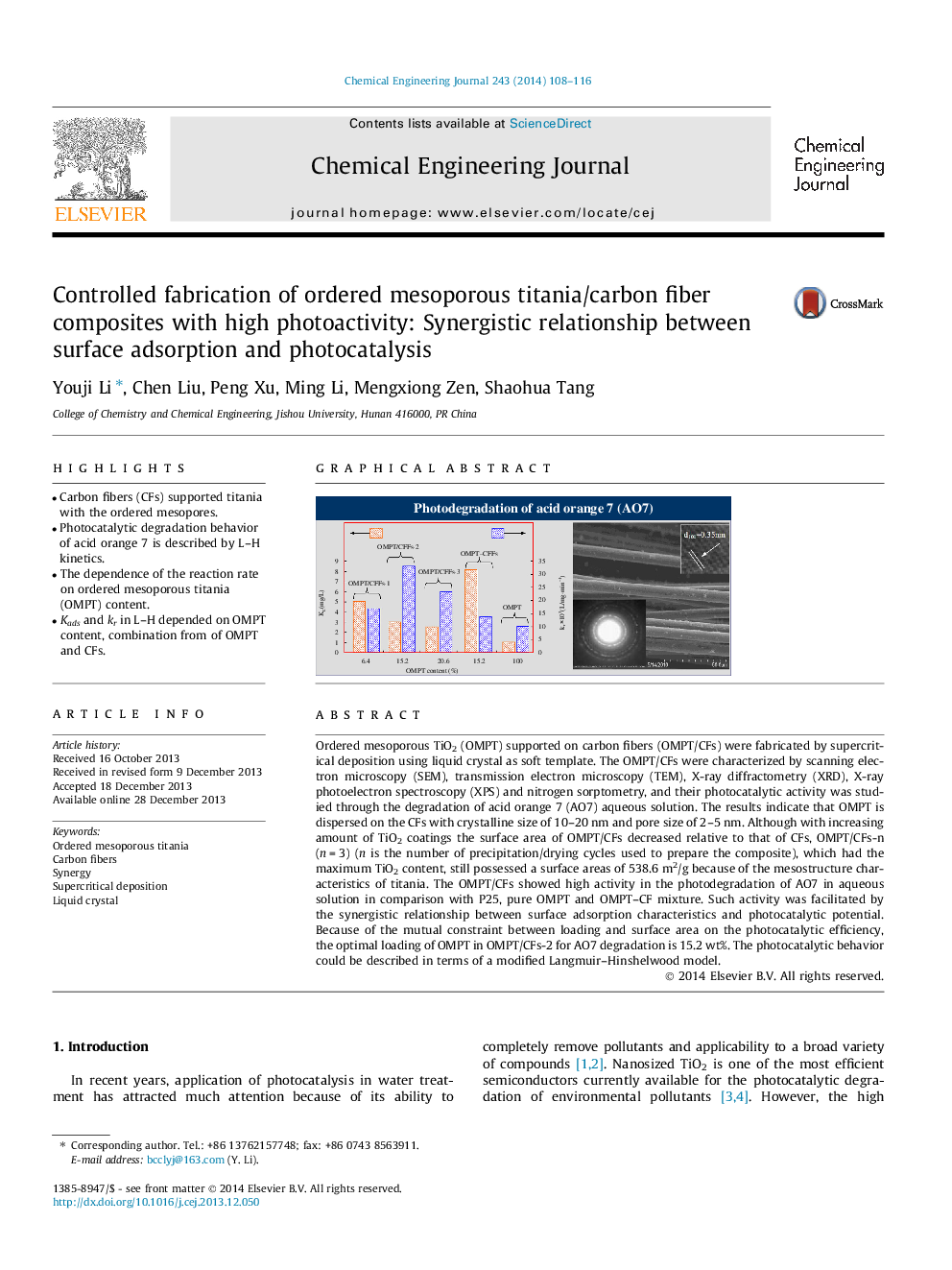 تولید کنترل شده کامپوزیت های فیبر کربنیک تیتانیوم / کربنی مشروپور معمولی با عکسبرداری بالا: رابطه همسازانه بین جذب سطحی و فوتوکاتالیز 