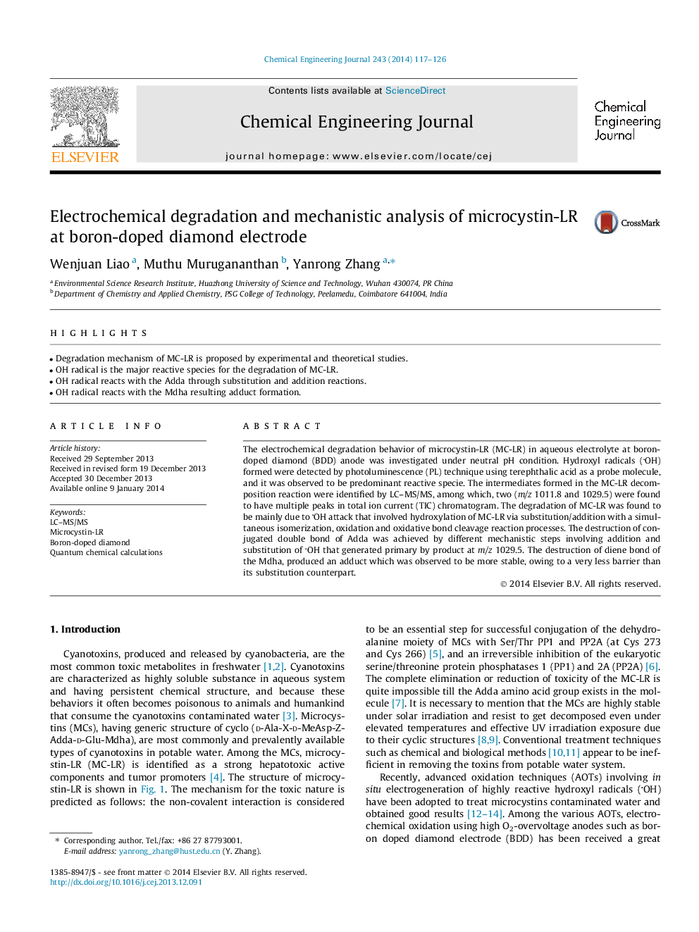 Electrochemical degradation and mechanistic analysis of microcystin-LR at boron-doped diamond electrode