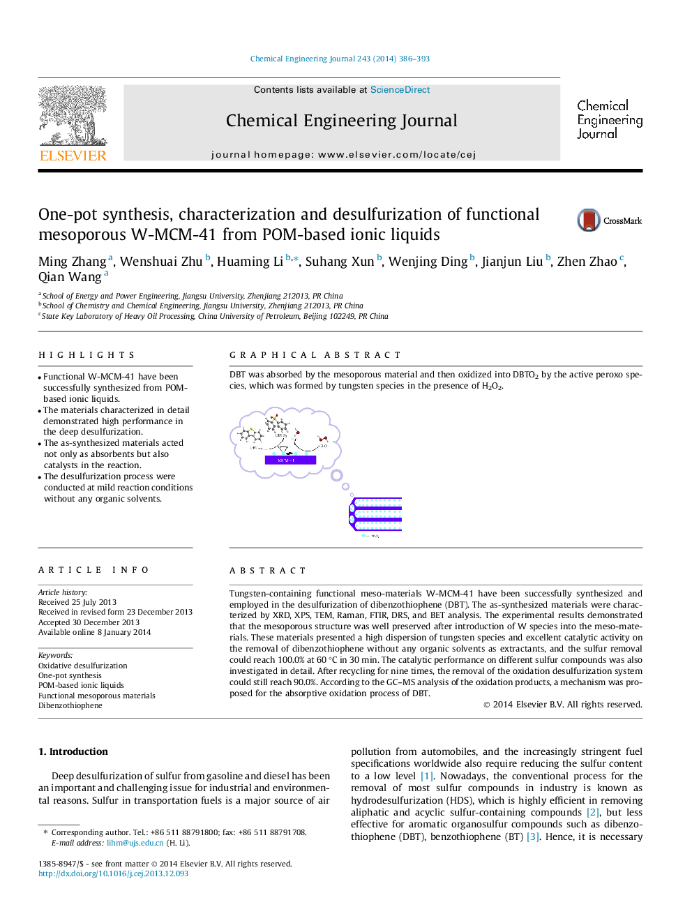 عکس صفحه اول مقاله: One-pot synthesis, characterization and desulfurization of functional mesoporous W-MCM-41 from POM-based ionic liquids One-pot synthesis, characterization and desulfurization of functional mesoporous W-MCM-41 from POM-based ionic liquids