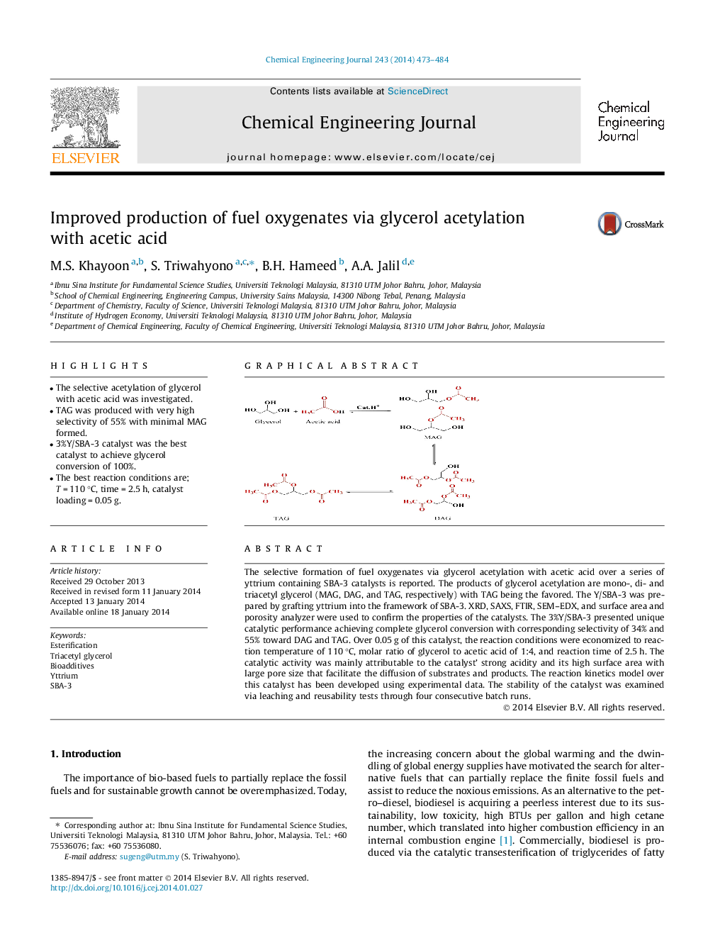 Improved production of fuel oxygenates via glycerol acetylation with acetic acid