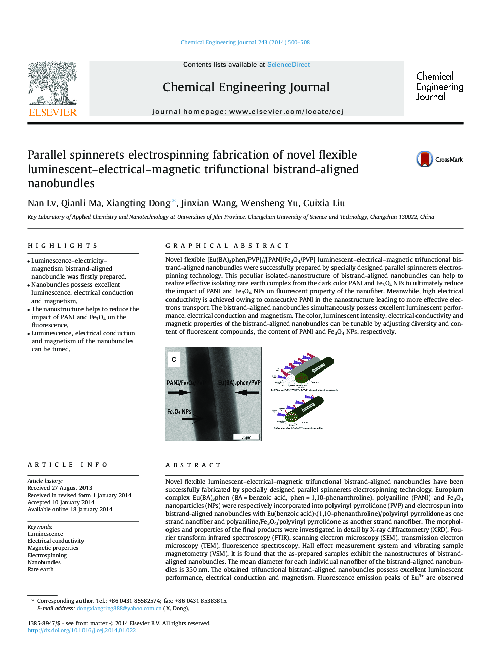 Parallel spinnerets electrospinning fabrication of novel flexible luminescent–electrical–magnetic trifunctional bistrand-aligned nanobundles