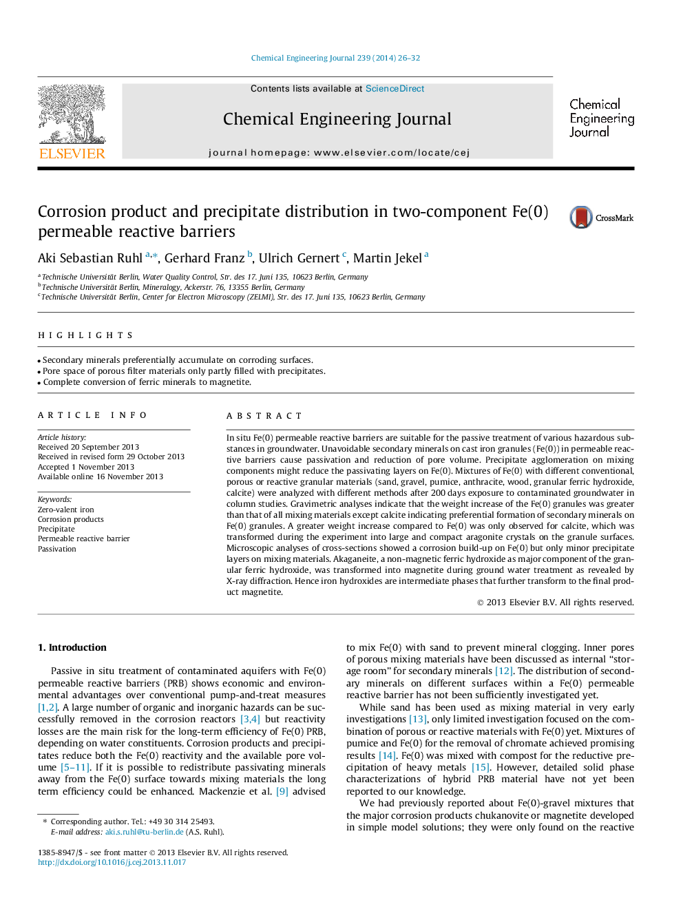 Corrosion product and precipitate distribution in two-component Fe(0) permeable reactive barriers