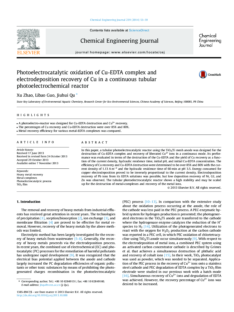 Photoelectrocatalytic oxidation of Cu-EDTA complex and electrodeposition recovery of Cu in a continuous tubular photoelectrochemical reactor