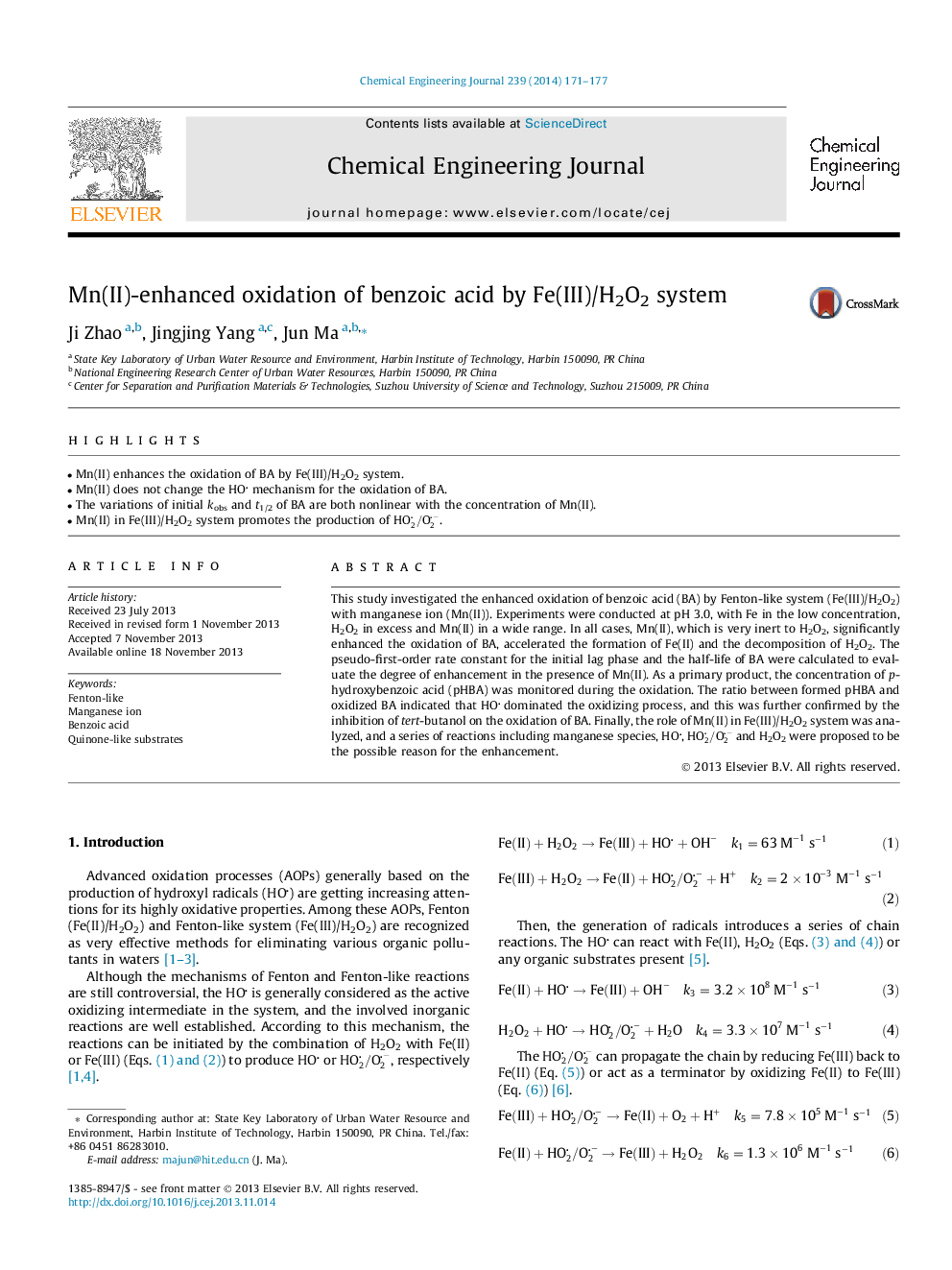 Mn(II)-enhanced oxidation of benzoic acid by Fe(III)/H2O2 system