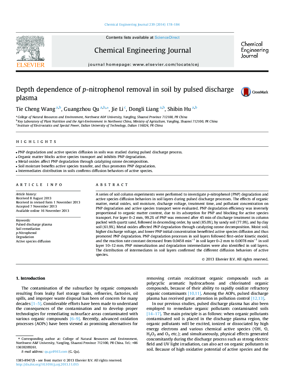 Depth dependence of p-nitrophenol removal in soil by pulsed discharge plasma