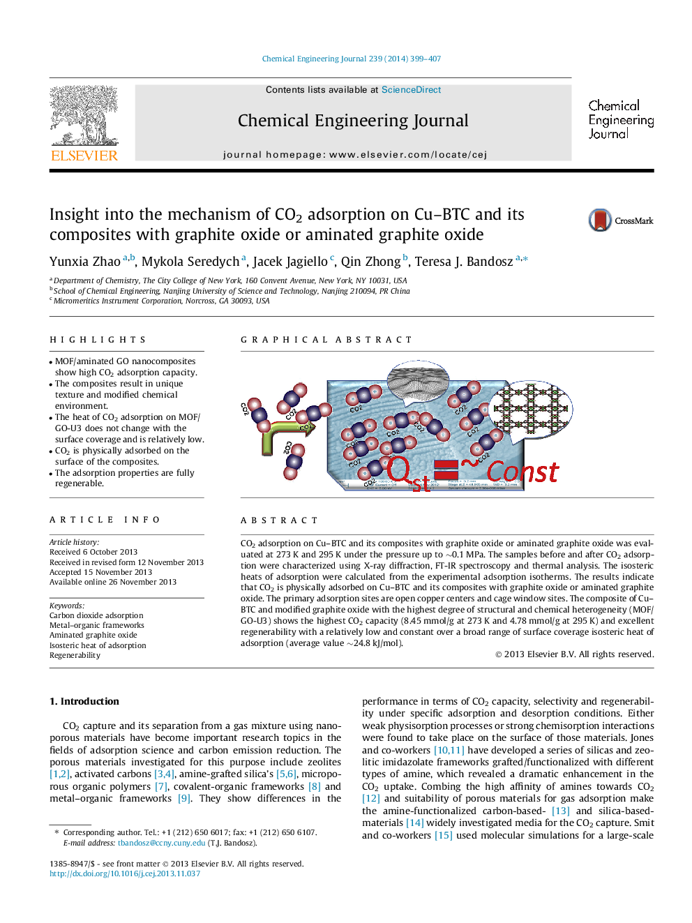 Insight into the mechanism of CO2 adsorption on Cu–BTC and its composites with graphite oxide or aminated graphite oxide