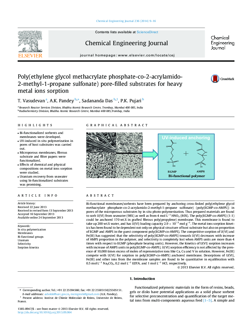 Poly(ethylene glycol methacrylate phosphate-co-2-acrylamido-2-methyl-1-propane sulfonate) pore-filled substrates for heavy metal ions sorption