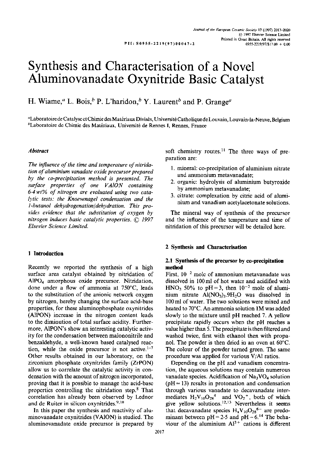 Synthesis and characterisation of a novel aluminovanadate oxynitride basic catalyst