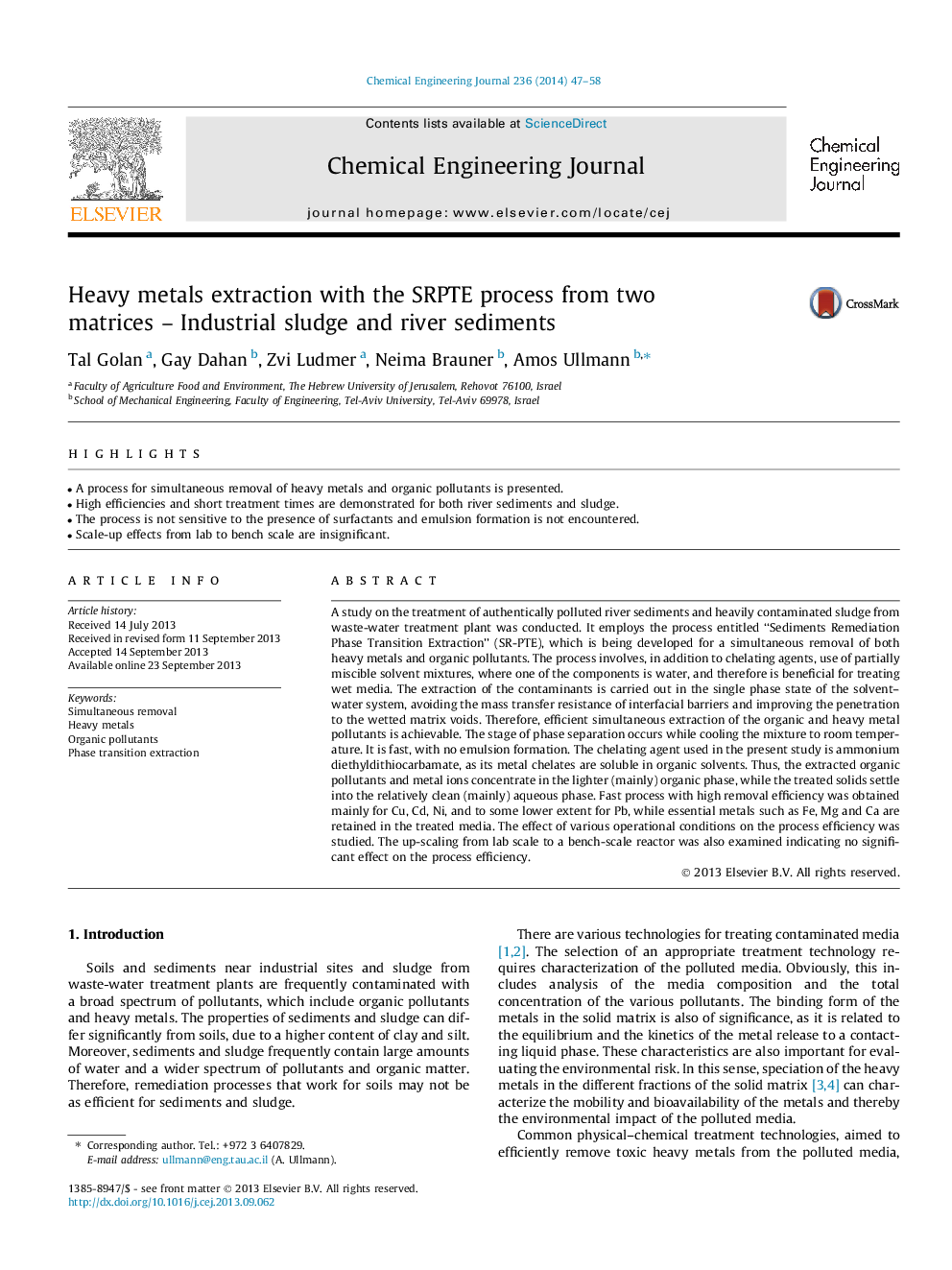 Heavy metals extraction with the SRPTE process from two matrices – Industrial sludge and river sediments