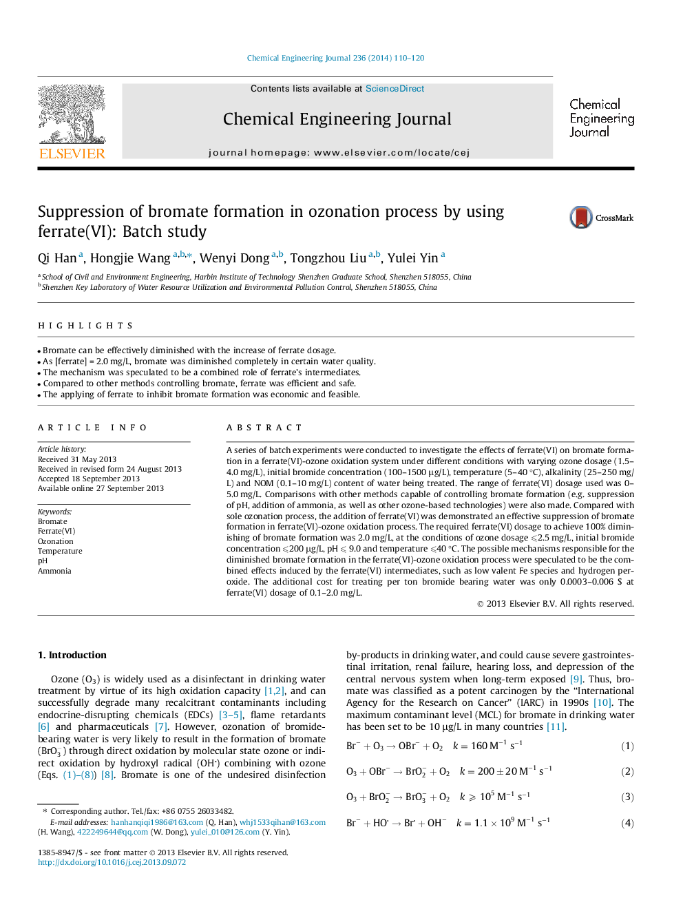 Suppression of bromate formation in ozonation process by using ferrate(VI): Batch study