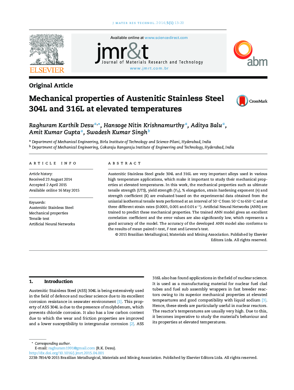 عکس صفحه اول مقاله: Mechanical properties of Austenitic Stainless Steel 304L and 316L at elevated temperatures Mechanical properties of Austenitic Stainless Steel 304L and 316L at elevated temperatures