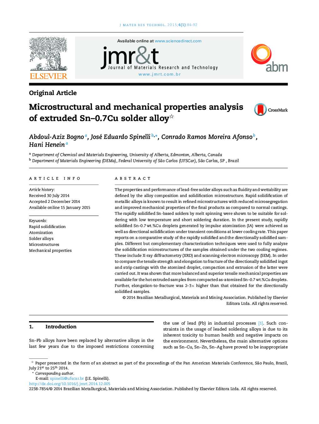 Microstructural and mechanical properties analysis of extruded Sn–0.7Cu solder alloy 