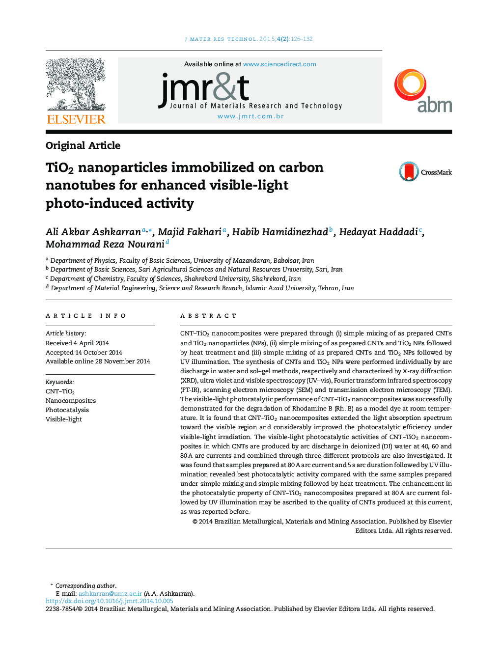 TiO2 nanoparticles immobilized on carbon nanotubes for enhanced visible-light photo-induced activity