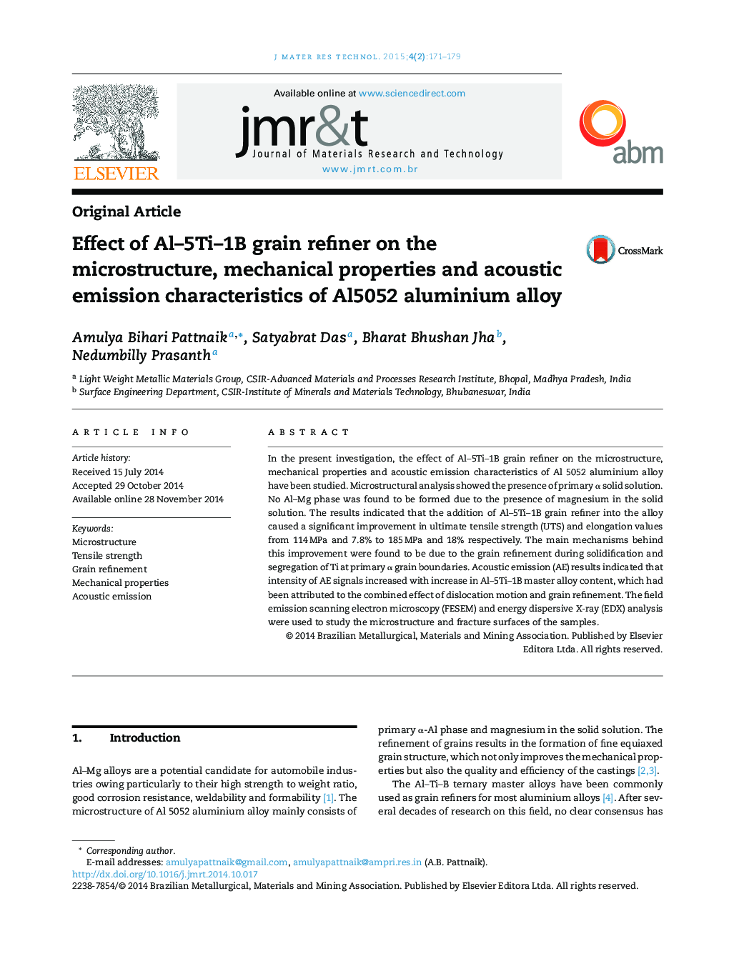 Effect of Al–5Ti–1B grain refiner on the microstructure, mechanical properties and acoustic emission characteristics of Al5052 aluminium alloy