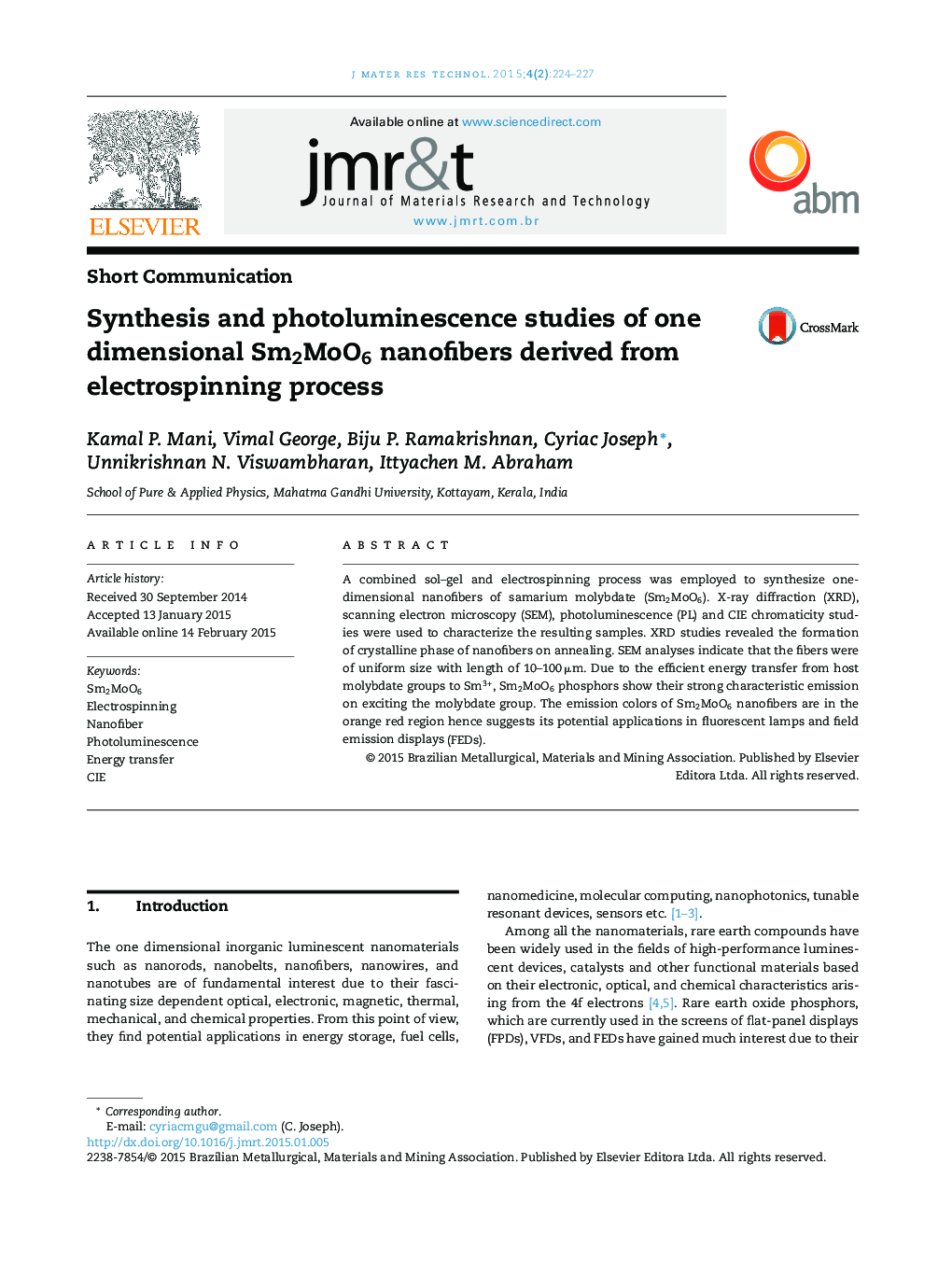 Synthesis and photoluminescence studies of one dimensional Sm2MoO6 nanofibers derived from electrospinning process