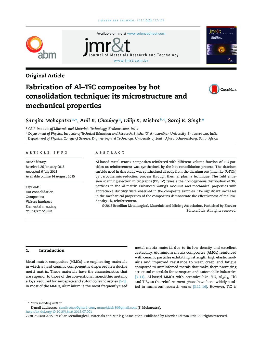 Fabrication of Al–TiC composites by hot consolidation technique: its microstructure and mechanical properties