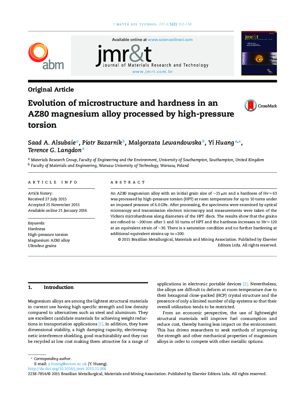 Evolution of microstructure and hardness in an AZ80 magnesium alloy processed by high-pressure torsion