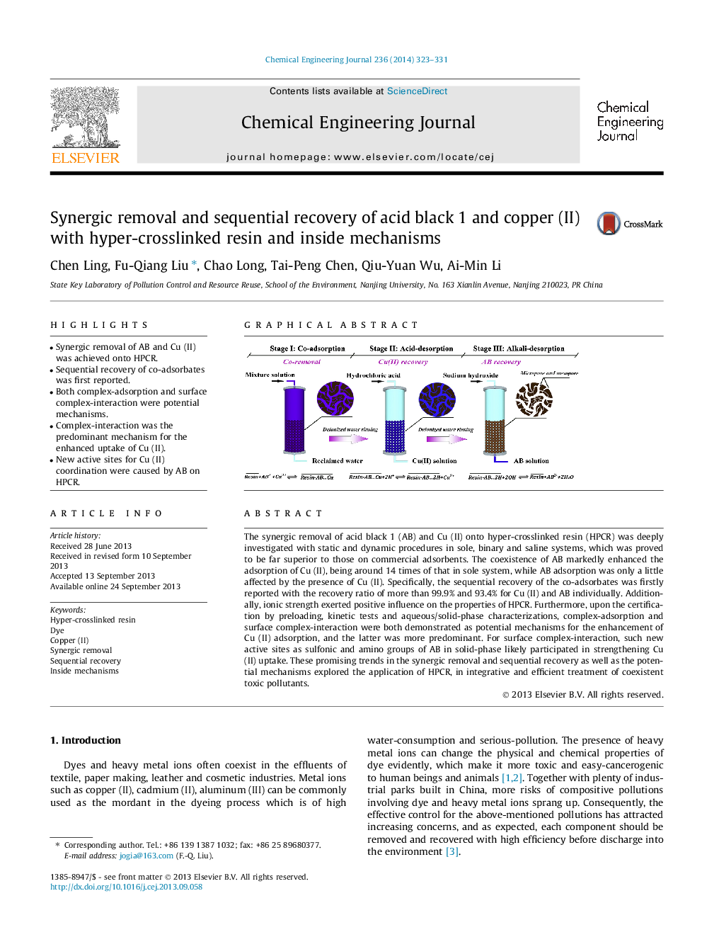 Synergic removal and sequential recovery of acid black 1 and copper (II) with hyper-crosslinked resin and inside mechanisms