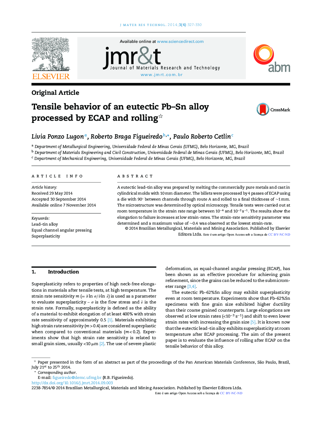 Tensile behavior of an eutectic Pb–Sn alloy processed by ECAP and rolling 