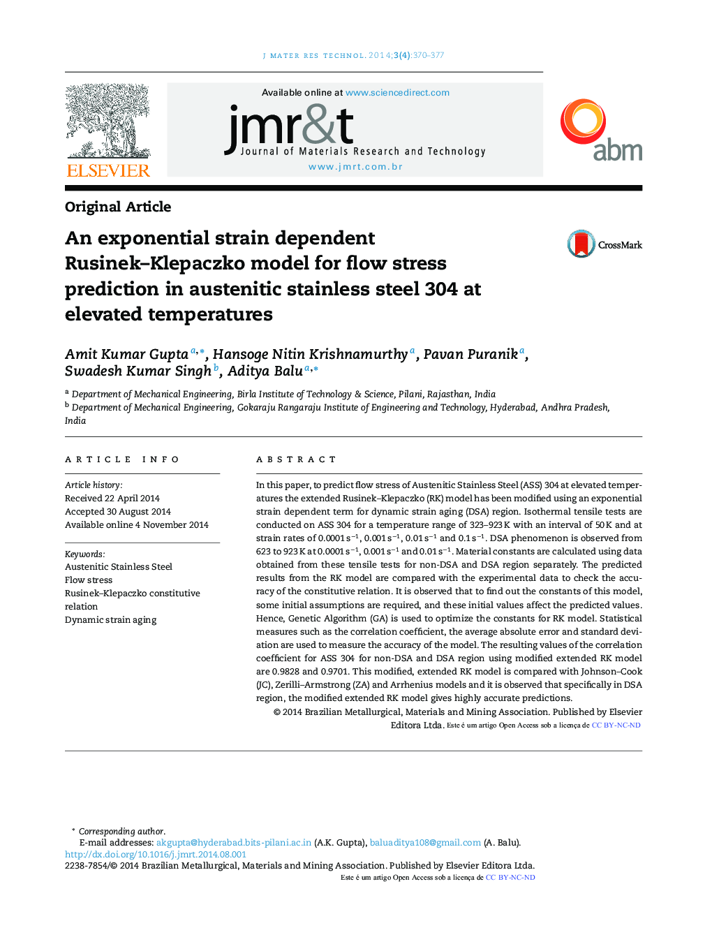 An exponential strain dependent Rusinek–Klepaczko model for flow stress prediction in austenitic stainless steel 304 at elevated temperatures