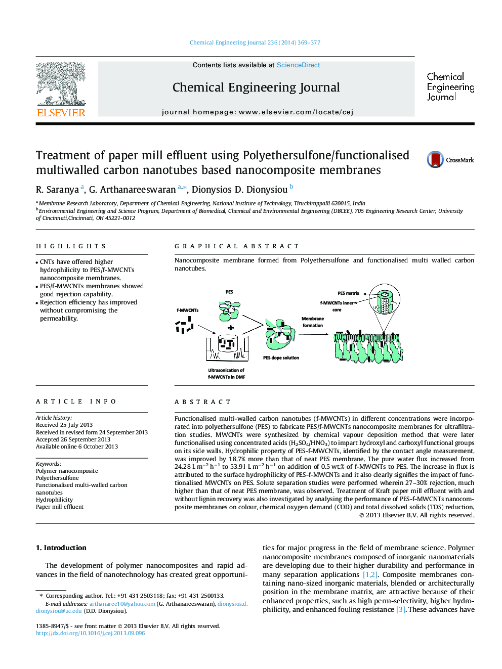 Treatment of paper mill effluent using Polyethersulfone/functionalised multiwalled carbon nanotubes based nanocomposite membranes