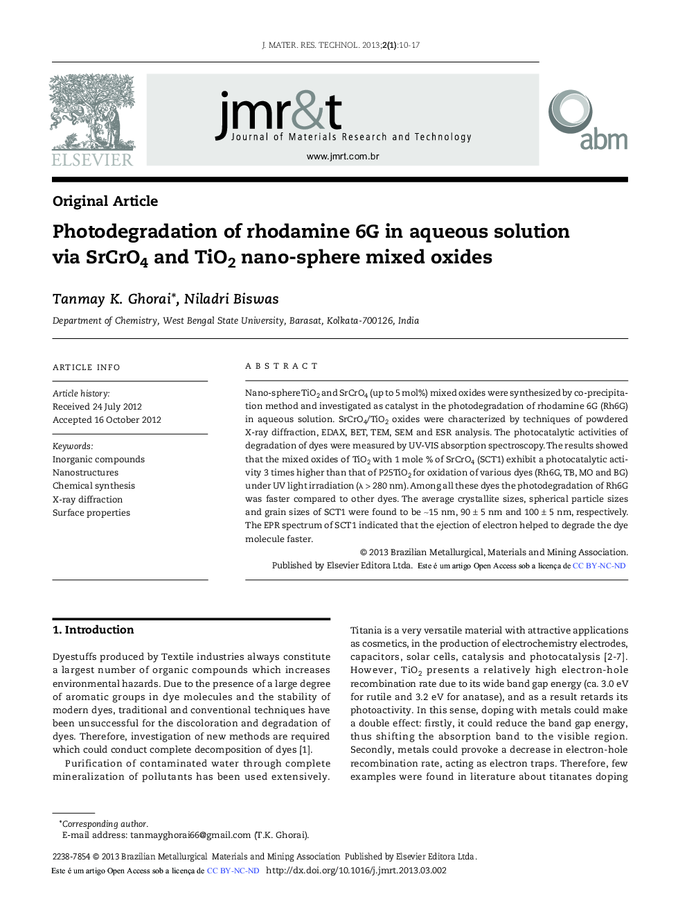 Photodegradation of rhodamine 6G in aqueous solution via SrCrO4 and TiO2 nano-sphere mixed oxides