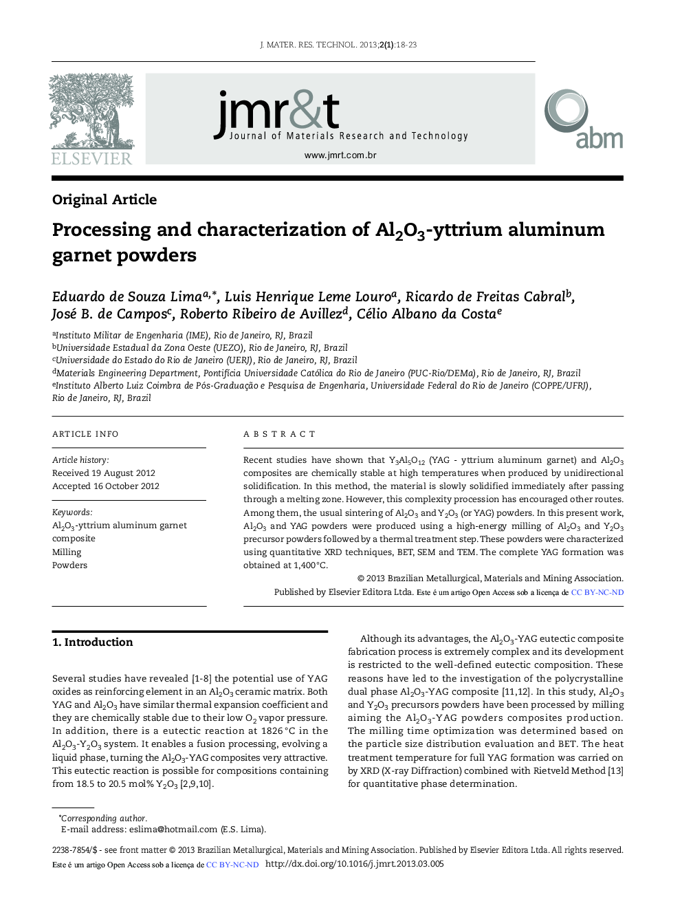Processing and characterization of Al2O3-yttrium aluminum garnet powders
