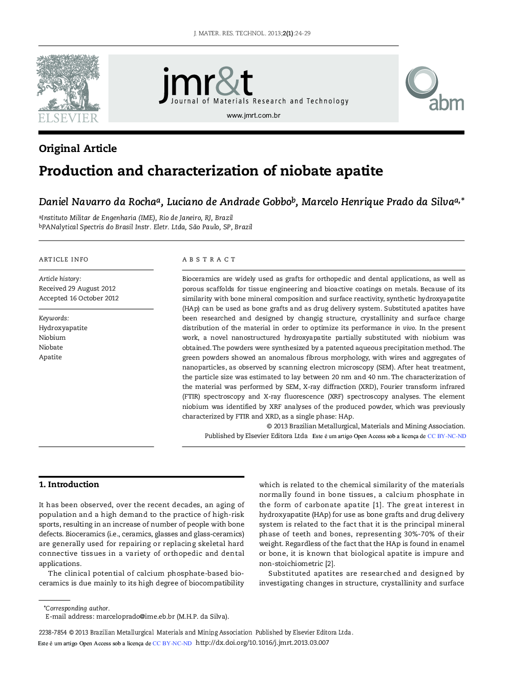 Production and characterization of niobate apatite