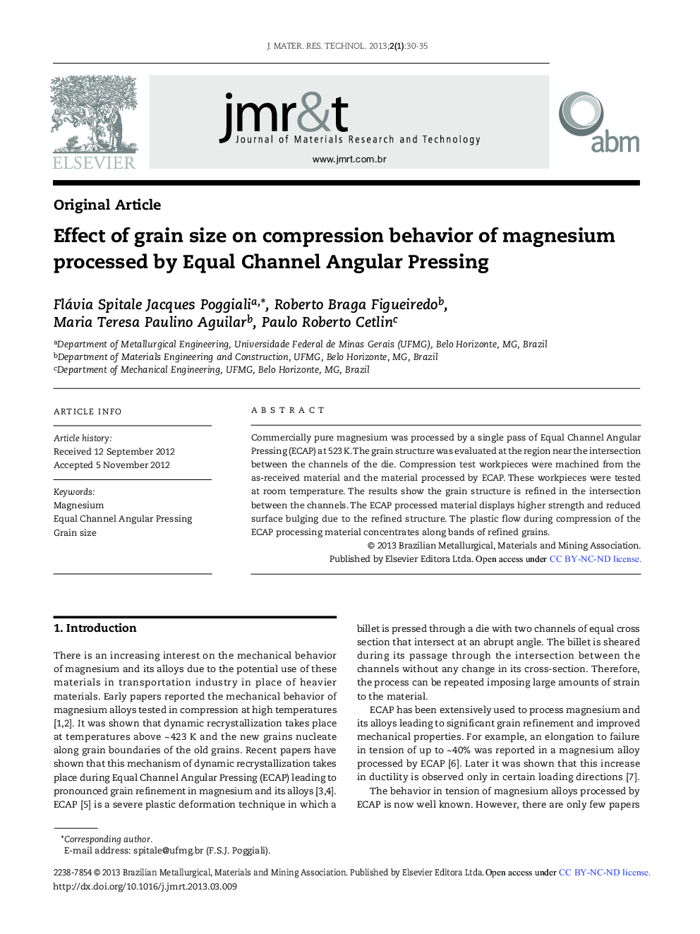 Effect of grain size on compression behavior of magnesium processed by Equal Channel Angular Pressing