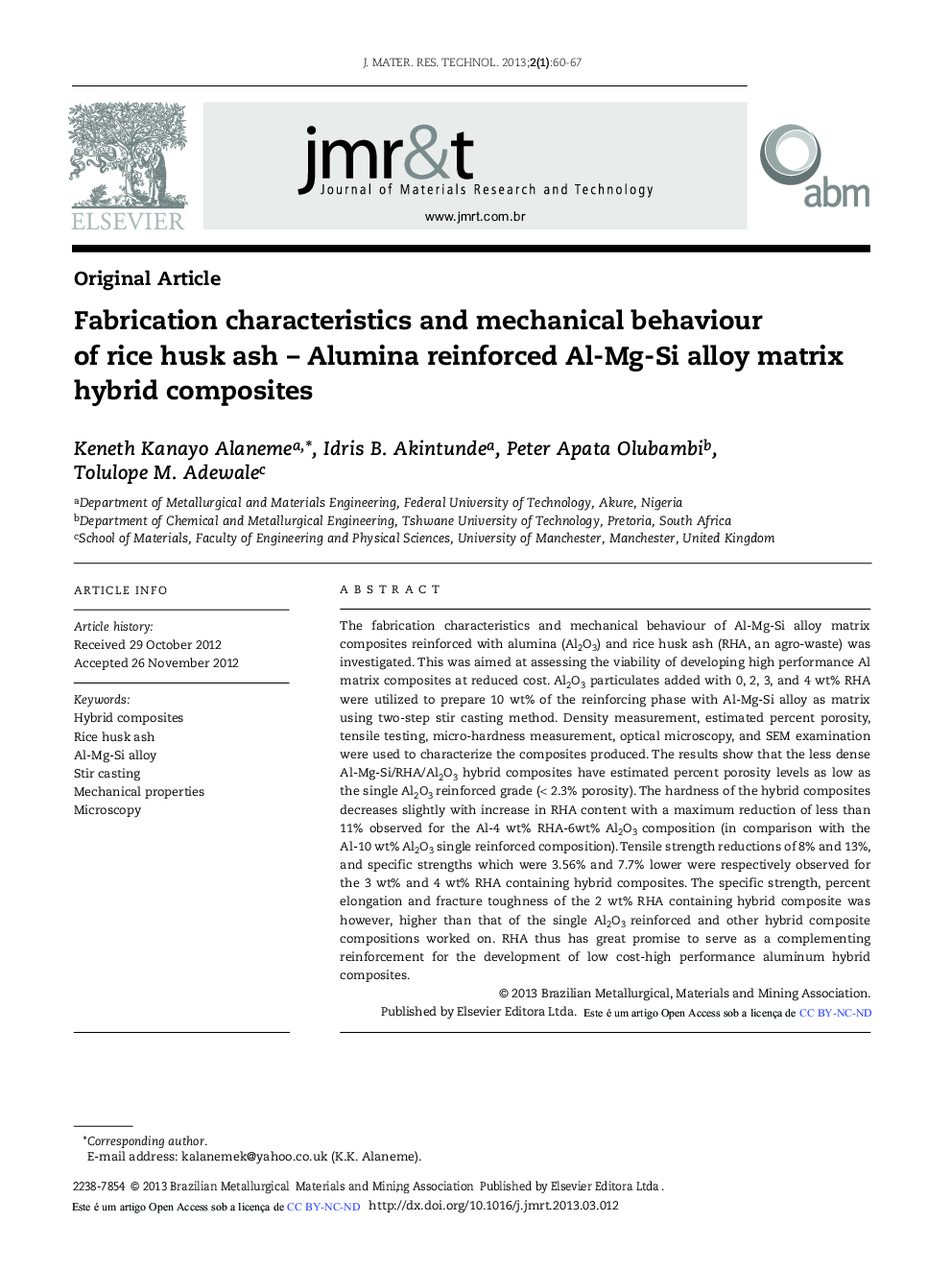 Fabrication characteristics and mechanical behaviour of rice husk ash – Alumina reinforced Al-Mg-Si alloy matrix hybrid composites