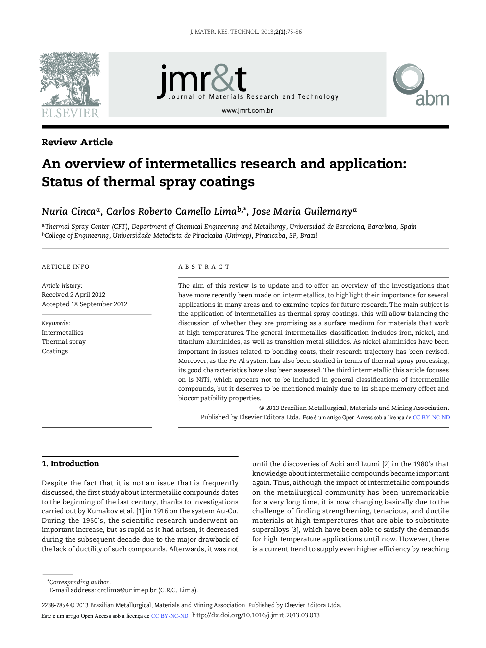 An overview of intermetallics research and application: Status of thermal spray coatings