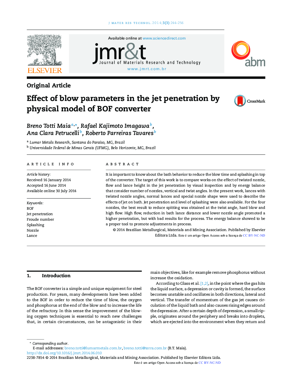 Effect of blow parameters in the jet penetration by physical model of BOF converter