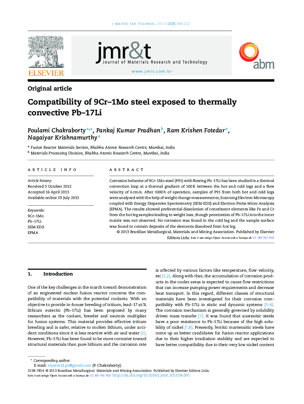 Compatibility of 9Cr–1Mo steel exposed to thermally convective Pb–17Li